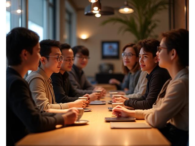 커핑 세션에서 사람들이 커피를 마시며 대화하는 모습
